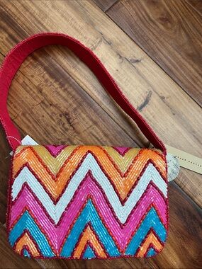 Studio 12 Handwoven Chevron Beaded Shoulder Bag - Pink, Orange, Turquoise